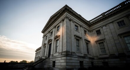 Obraz premium Majestic Government Building Facade Bathed in Golden Hour Sunlight.