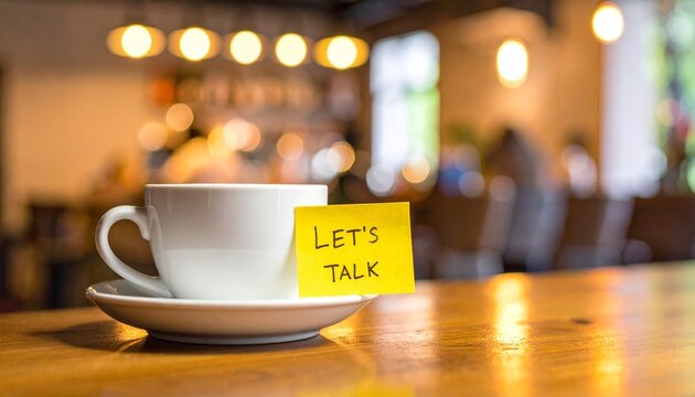 Coffee Cup with "LET'S TALK" Sticky Note on Wooden Table in Cafe