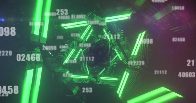 A series of green triangles forming a tunnel, with light trails spinning in a hypnotic motion