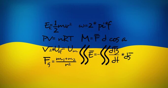 Animation of mathematics equations over waving ukraine flag