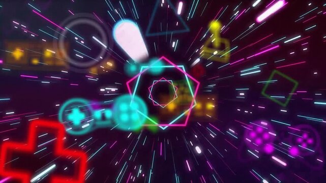 Animation of video game icons and neon pattern on black background