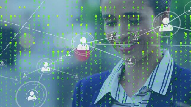 Animation of network of connections with icons and binary coding and woman using smartphone