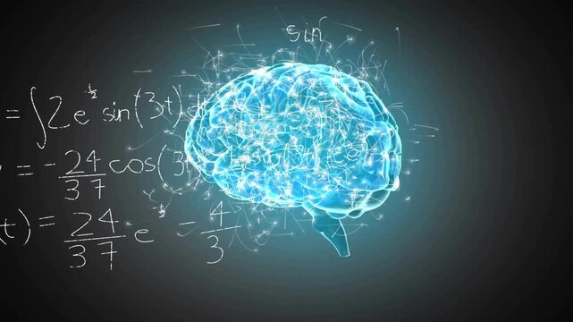 Animation of spinning brain over mathematical equations