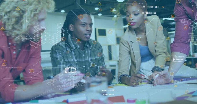 Animation of data processing over diverse colleagues discussing at casual office