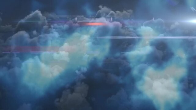 Colorful light beams creating mystical atmosphere with clouds in animation scene