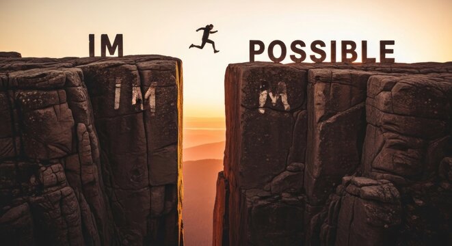 Silhouette of a person jumping across a chasm between two cliffs transforming impossible into Im possible.