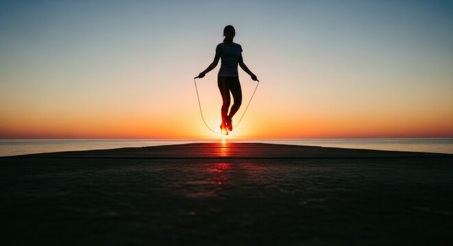 Silhouette of a person jumping rope at sunset on the beach.