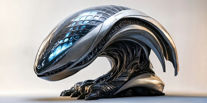 Futuristic Biomechanical Helmet with Sleek Metallic Design