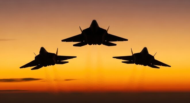 Three Fighter Jets Flying in Formation During a Dramatic Sunset Silhouette.