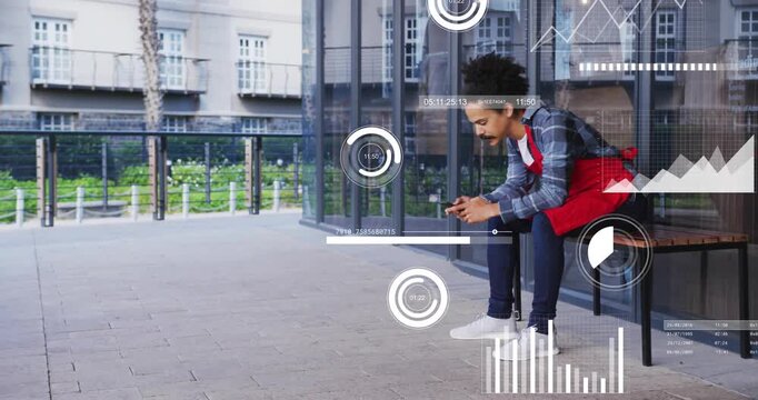 Man sitting on bench tapping smartphone and starting analytics charts analyzing trends around him