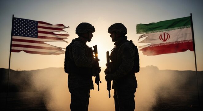 Two Soldiers Silhouetted Against American and Iranian Flags at Sunset.