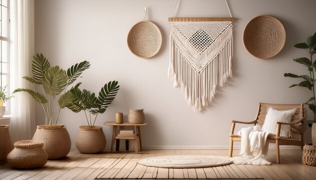 empty square room with macrame wall hanging in boho style room