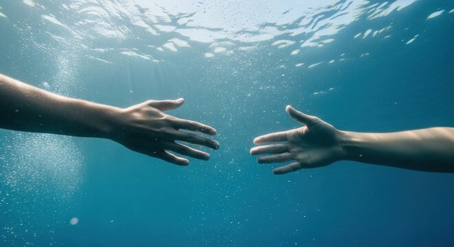 Underwater view of two hands reaching out to each other in clear blue water.
