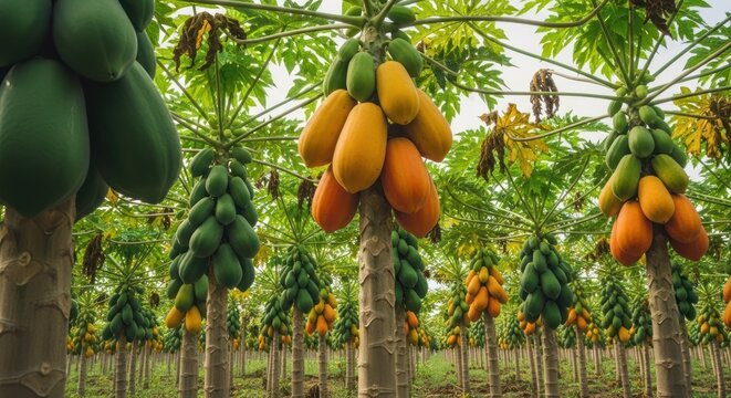 Vibrant Papaya Plantation Showcasing Ripe and Unripe Fruits on Trees.