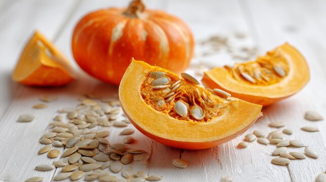 Seeds of raw pumpkin sit on a white wooden table.