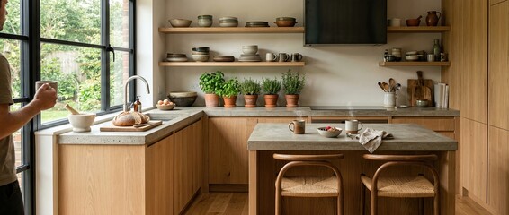 Man in modern kitchen holding mug near wooden counter with potted plants. Contemporary home interior design featuring oak cabinets open shelves and natural light. Sunlit space overlooking garden for