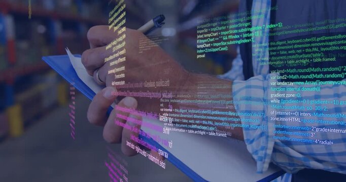 Man placing clipboard and writing inventory notes while holographic code stream sliding over hands