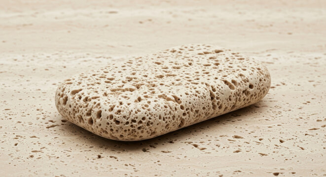 Pumice stone with porous texture on sandy surface
