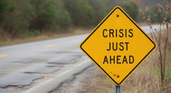 Yellow Diamond Warning Sign Reads Crisis Just Ahead on a Winding Road.