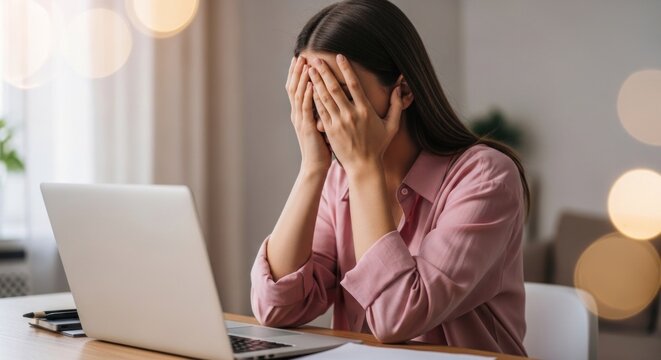 Young Woman Feeling Overwhelmed and Stressed While Working on Laptop.