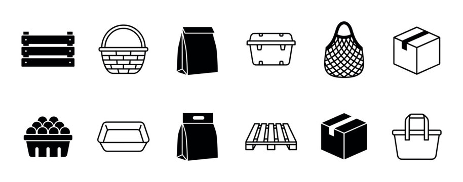 Set of twelve black icons for packaging and delivery, featuring a crate, basket, paper bag, box, and pallet in a minimalist vector graphic style for web and print design