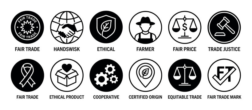 Collection of fair trade vector icons representing ethical business, certified origin, fair price, trade justice, and cooperative production in a simple black and white graphic style