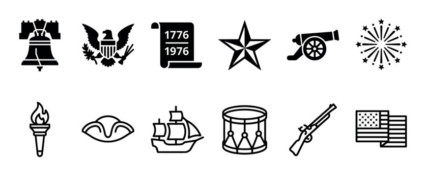 Set of black American Revolution icons including the Liberty Bell, eagle, flag, and cannon, representing historical patriotic symbols for the Fourth of July holiday celebration