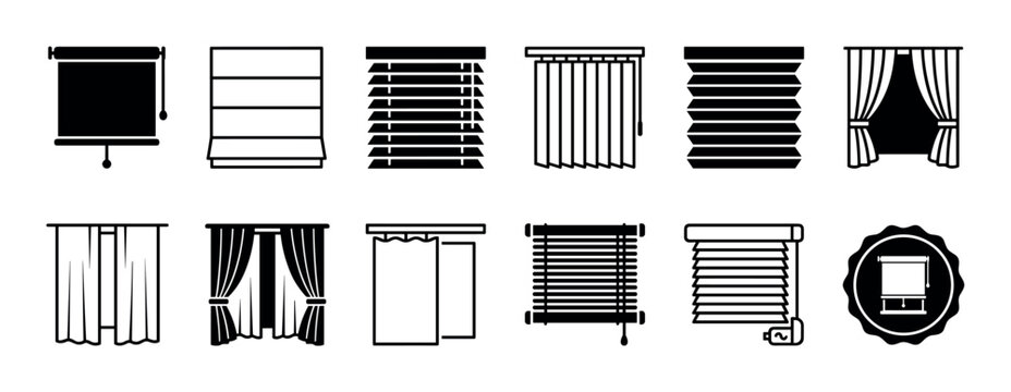 Collection of black window treatment icons showing different styles of curtains, blinds, and shades in a minimalist graphic silhouette and line art design for home decor concepts