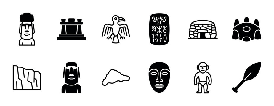 Set of black glyph icons representing Polynesian island culture with moai statues, birdman symbols, ancient script, and tribal artifacts in a minimalist vector style collection