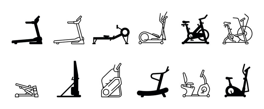 Various fitness gym exercise machine icons are displayed in a clean, modern, and simple black and white line art and silhouette style, representing different types of workout equipment