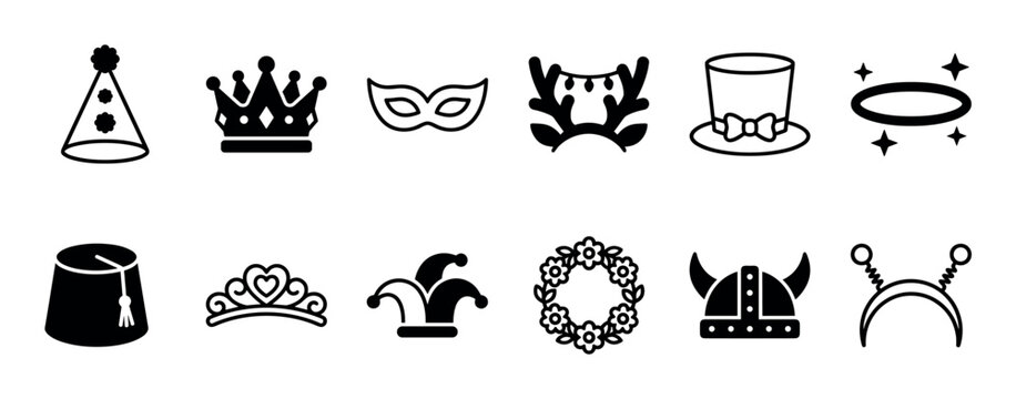 Diverse collection of black and white party hats and festive headwear icons, featuring crowns, masks, antlers, top hats, halos, fezzes, tiaras, jester hats, wreaths, Viking helmets, and alien antennae