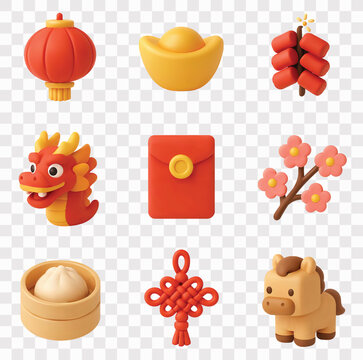 Chinese New Year Vector Icon Set | 3D icon set | Chinese Lantern, Gold Ingot, Firecrackers, Dragon, Red Envelope, Cherry Blossoms, Steamed Bun, Chinese Knot, Year of the Horse Zodiac Animal