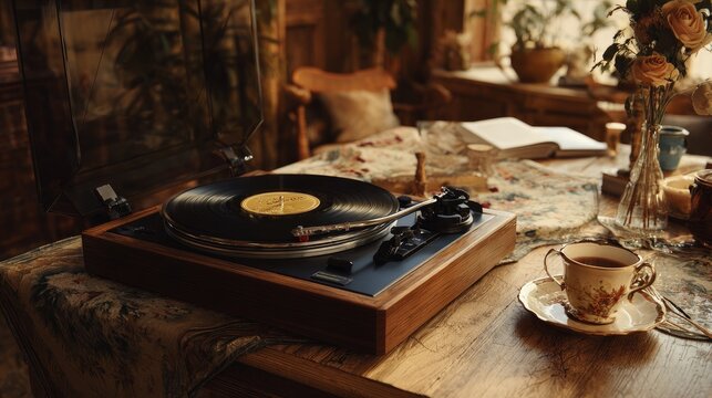 Turntable with vinyl plays music on a cozy table in a warm room.