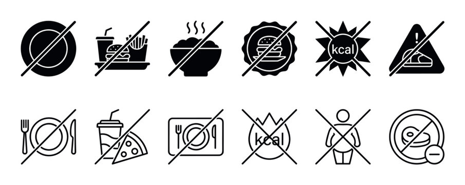 Set of black prohibition food icons showing concepts of dieting, fasting, calorie control, and avoiding unhealthy junk food, presented in solid glyph and thin outline styles