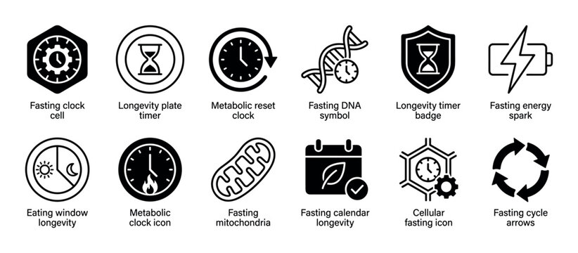 Collection of black glyph icons representing fasting, longevity, and metabolic health concepts, including symbols for eating window, cellular reset, DNA, and energy cycle