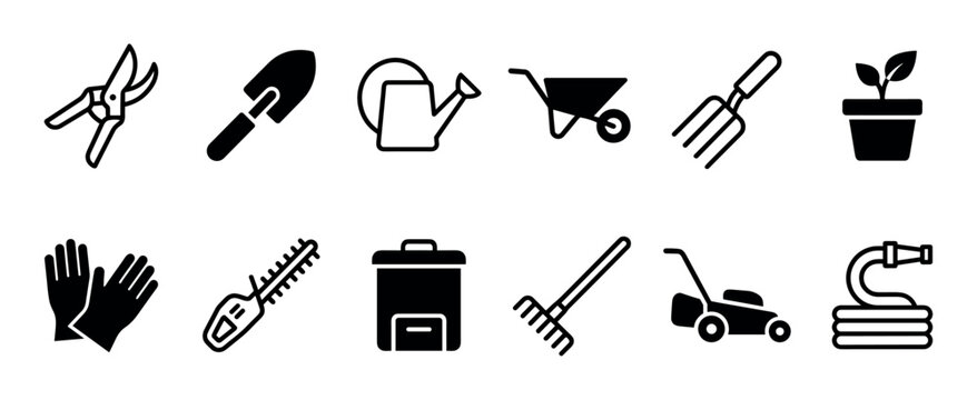 Set of twelve black gardening icons representing essential tools and equipment for yard work, including a lawn mower, rake, trowel, and watering can in a minimalist design