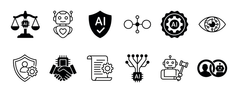Set of black glyph icons representing artificial intelligence ethics, law, governance, and safety concepts like robot rights, data privacy, and automated judgment in a minimalist style