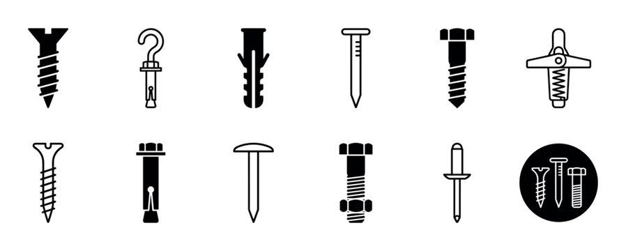 Collection of black fastener icons including screws, nails, bolts, anchors, and hooks presented in a minimalist glyph and line art style for construction and hardware concepts