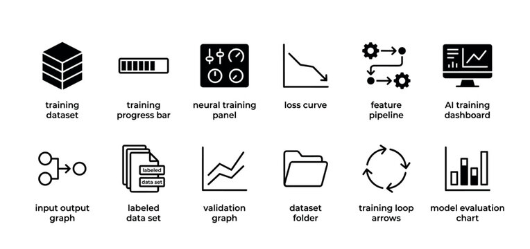 Set of black glyph icons for machine learning and AI training concepts, including dataset, progress bar, loss curve, pipeline, dashboard, and model evaluation chart symbols
