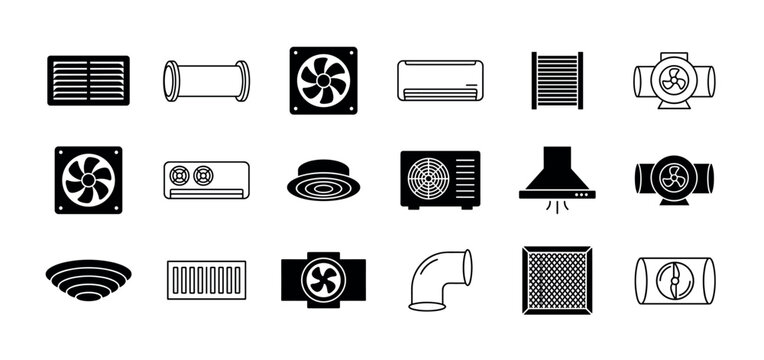 Collection of black HVAC icons representing various ventilation, air conditioning, and heating system components, including fans, ducts, grilles, filters, and climate control units