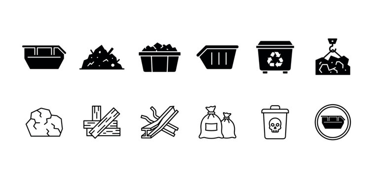 Set of black waste management icons showing dumpsters, garbage bags, construction debris, and recycling symbols in both solid glyph and thin line art vector styles