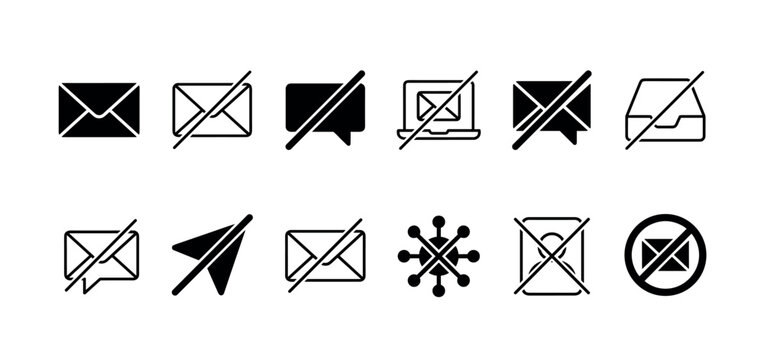 Set of black minimalist communication icons representing email, messages, spam, and blocked notifications in a simple glyph style for user interface design