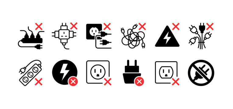 Electrical safety warning icons set showing hazards like overloaded sockets, tangled wires, and damaged plugs for illustrating electrical dangers and prohibitions in a minimalist graphic style