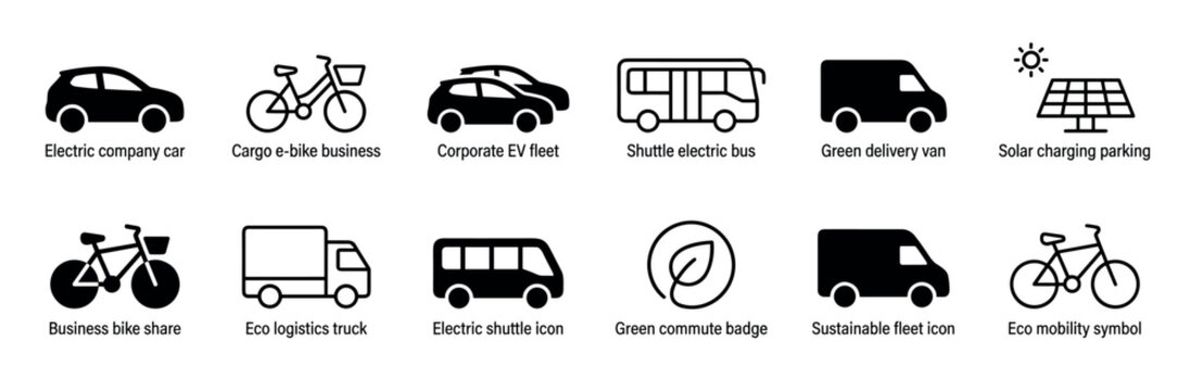 Set of black line and glyph icons for eco-friendly corporate transportation, illustrating electric cars, cargo bikes, delivery vans, shuttle buses, and solar power