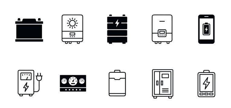 Set of black battery and power icons showing various energy storage solutions like car accumulators, solar inverters, and EV charging stations in a minimalist vector style