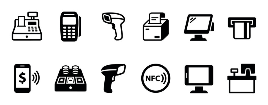 Set of black solid icons for payment and retail, featuring a cash register, POS terminal, barcode scanner, ATM, and NFC symbol for point of sale and transaction concepts