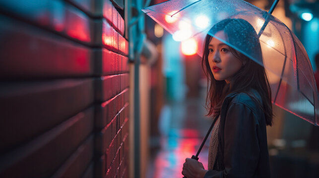 Picture Name:
Person walking through a narrow wet alleyway in Seoul with a translucent umbrella, ground reflecting red and blue neon signs, quiet introspection and rainy brick