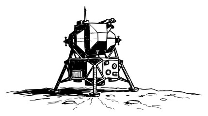 Lunar Lander Module on Moon Surface Sketch Vector, Space Exploration Apollo Mission Illustration © Luka