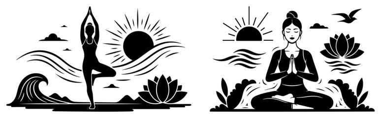 Fototapeta premium Yoga and Meditation Silhouettes Set, Woman in Tree Pose and Lotus Position with Sunset and Waves
