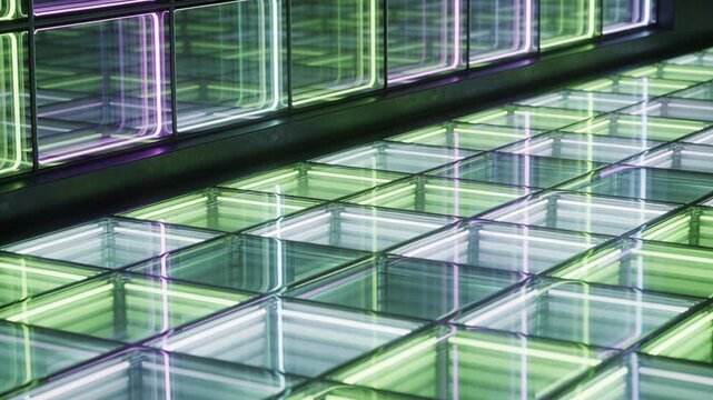 Endless movement over a grid of glass blocks illuminated by glowing green and purple neon lights